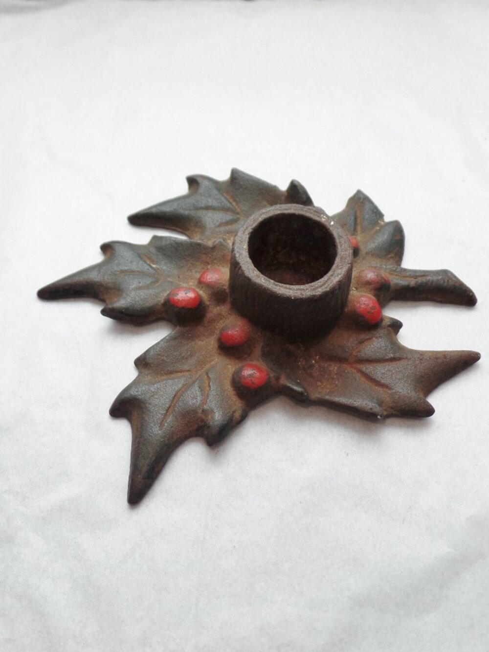Cast Iron Christmas Holly & Red Berries Candlestick Holder